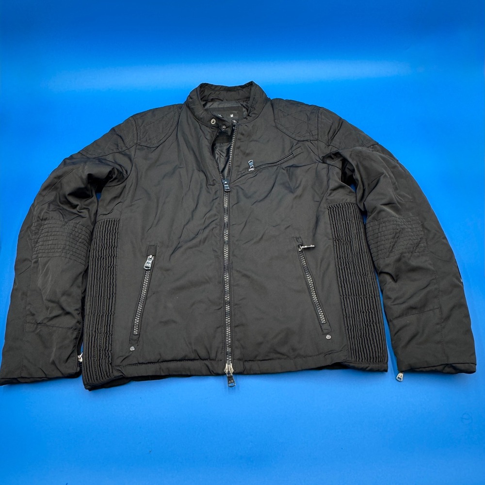 American Stitch Mens Black Puffer Moto Jacket Medium Ribbed Detail Zip‎ Front
